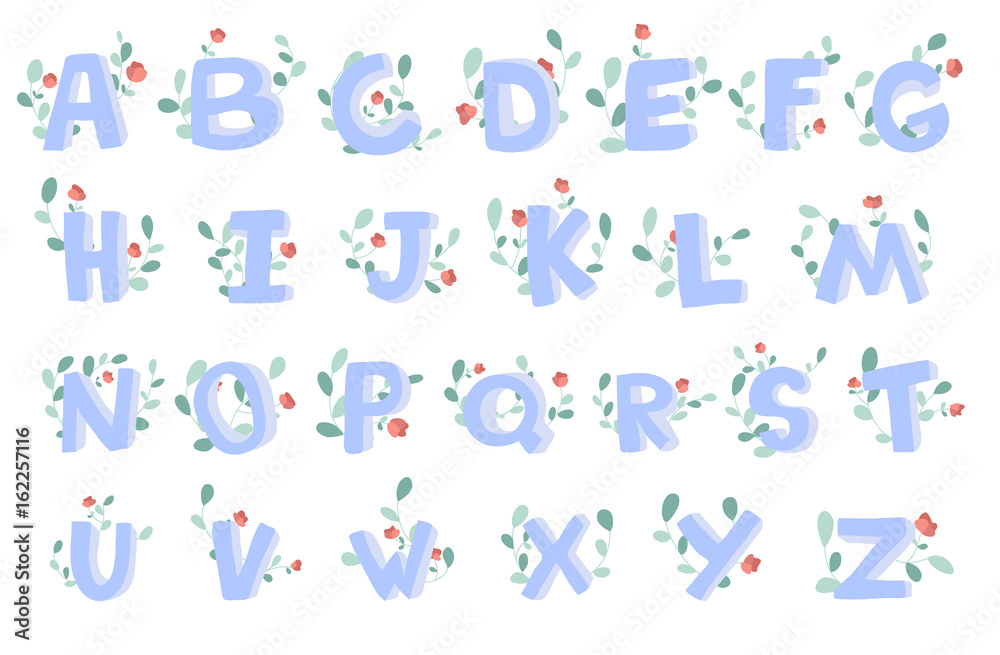 Vector hand-drawn alphabet with floral decoration. 3D doodle letters. ABC font for kids.