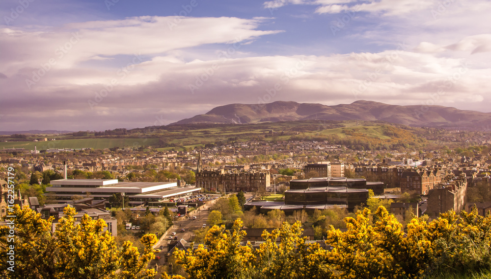 High view landscape of beautiful dramatic autumn in Edinburgh, Scotland from high Arthur's seat.