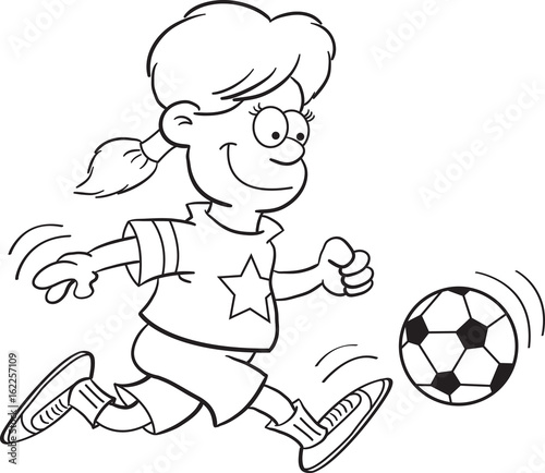 Black and white illustration of a girl kicking a soccer ball.