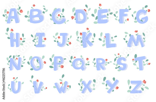 Vector hand-drawn alphabet with floral decoration. 3D doodle letters. ABC font for kids.