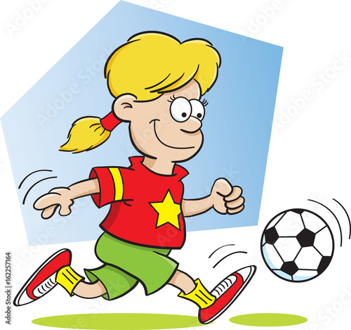 Cartoon illustration of a girl kicking a soccer ball with a background.