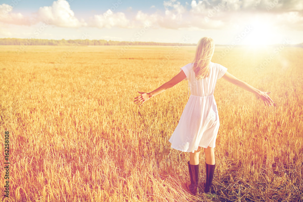 happy young woman in white dress on cereal field happy young woman in white dress on cereal field