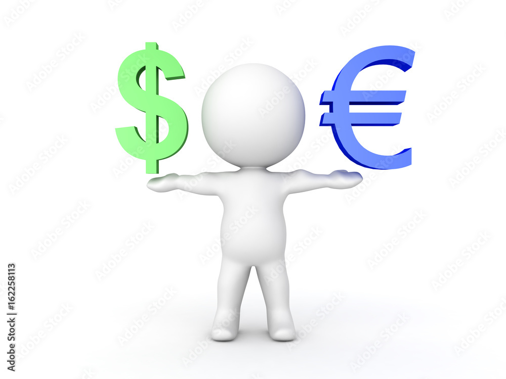 3D Character balancing euro and dollar symbols on his hands 3D Character balancing euro and dollar symbols on his hands