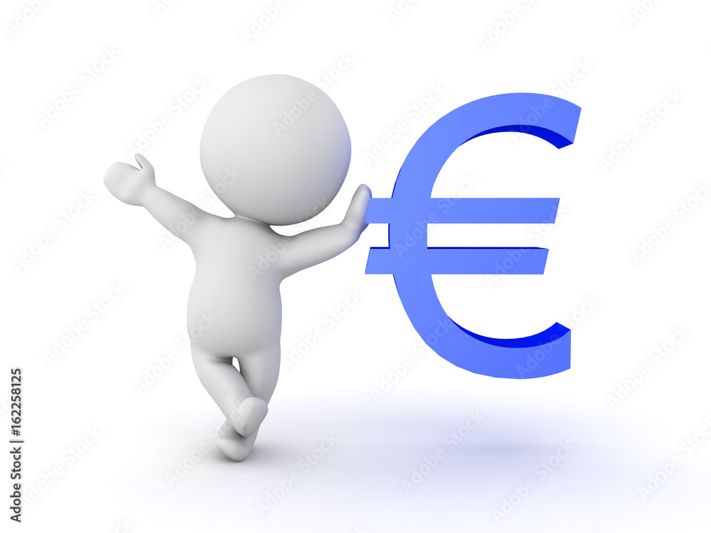 3D Character leaning on blue euro currency symbol