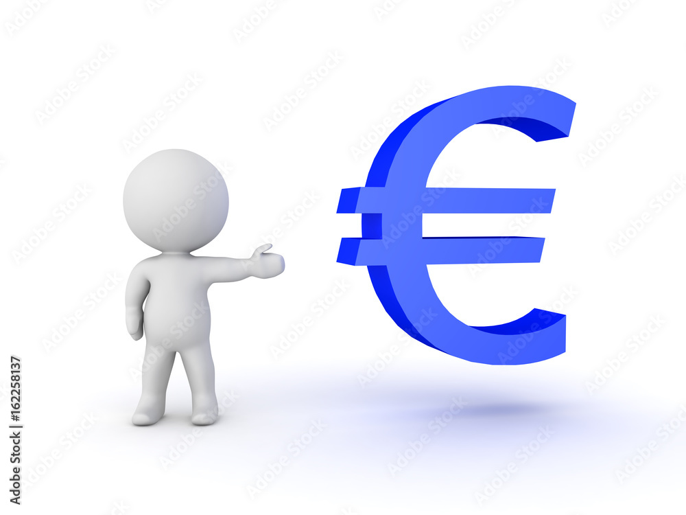 3D Character showing blue euro currency symbol 3D Character showing blue euro currency symbol