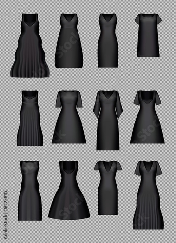 Little Black Dresses. Classic cocktail evening lady clothes set. Vector illustration. Gradient mesh.