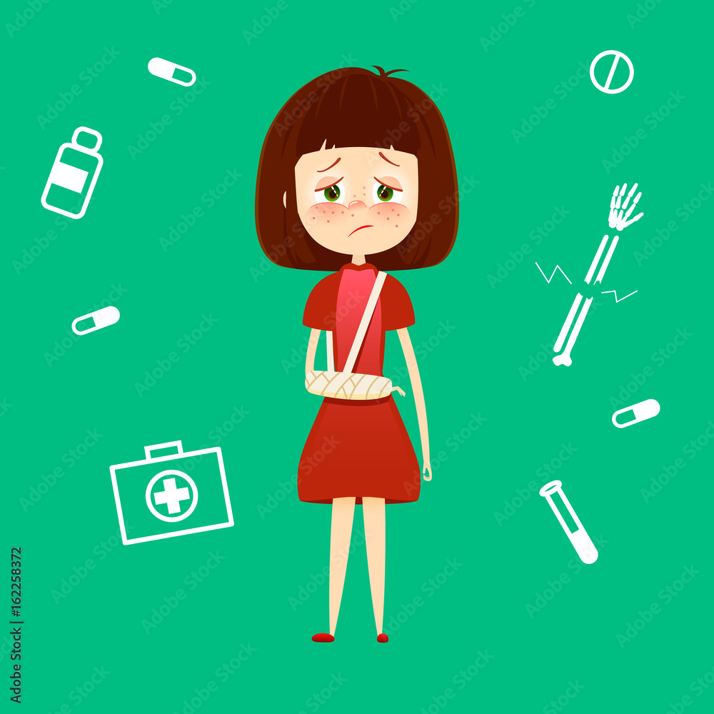 Child broken arm in cast. Sad young girl with broken hand bone vector illustration. Health care medical concept. Child broken arm in cast. Sad young girl with broken hand bone vector illustration. Health care medical concept.