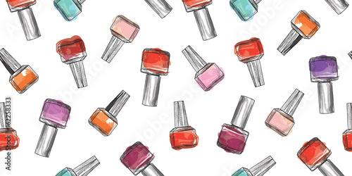 Nail polish bottle seamless pattern. Beauty salon manicure background