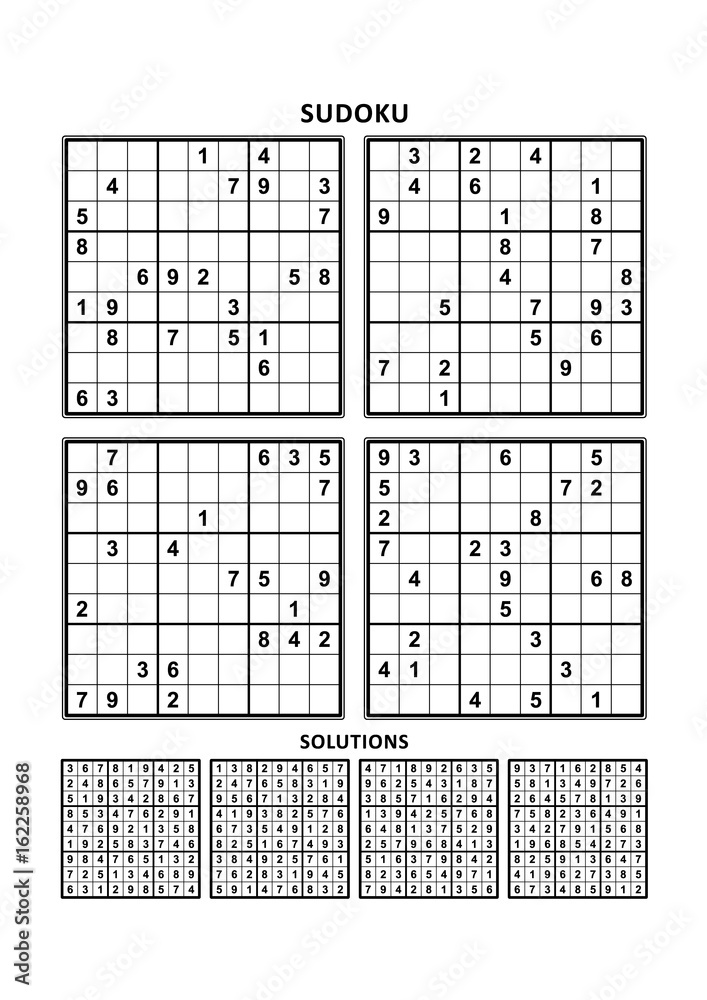 Vecteur Stock Four sudoku puzzles of comfortable (easy, yet not very easy)  level, on A4 or Letter sized page with margins, suitable for large print  books, answers included. Set 3. | Adobe Stock