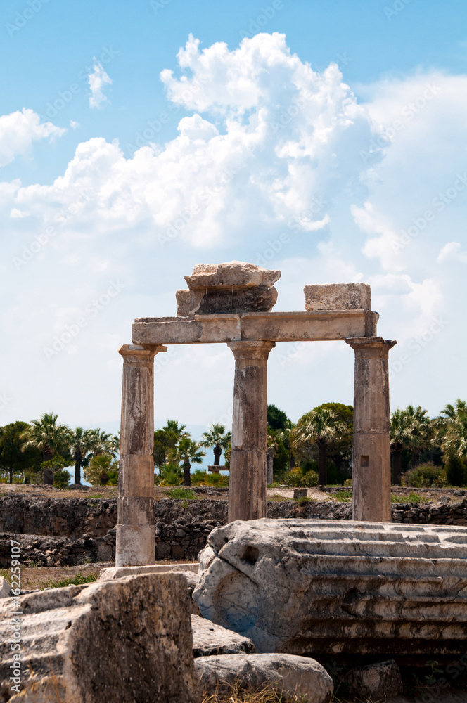 Ruins and old buildings in Hierapolis ancient city adjacent to modern Pamukkale in Turkey