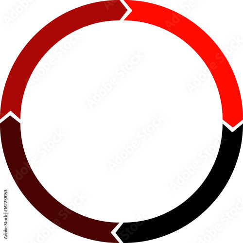 Four arrows are following each the other in a clockwise circle. The first is black; the others go on with dark, medium and light red