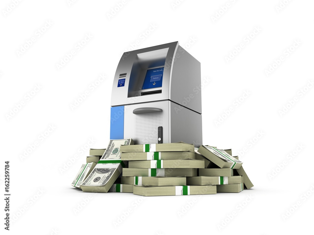 ATM surrounded by 100 dollar bankrolls Bank Cash Machine in pile of money american dollar bills isolated on white background 3d