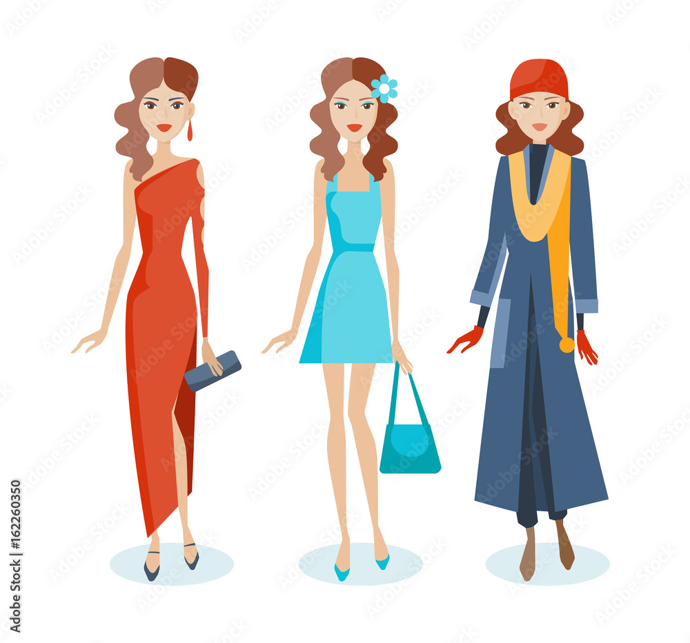 Set of girls in dresses, sarafans, autumn clothes, with accessories.