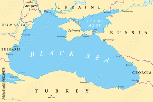 Black Sea and Sea of Azov region political map with capitals  most important cities  borders and rivers. Body of water between Eastern Europe and Western Asia. Illustration. English labeling. Vector.