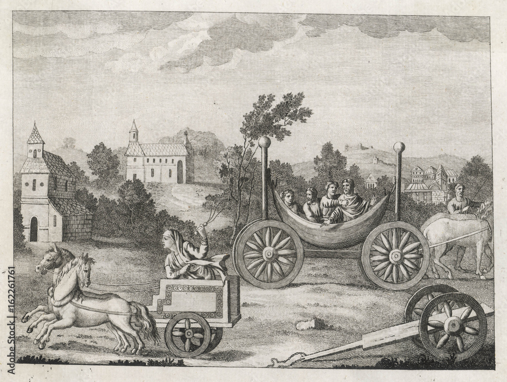 Horse-drawn carriages of the Saxon period. Date: circa 800