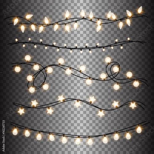 Set of warm light lamps garlands, festive decorations. Glowing christmas lights isolated on transparent background. Vector round, stars and little bulbs.