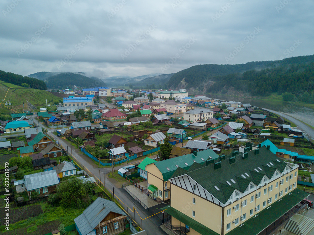 Aerial view of the Russian countryside in rainy weather