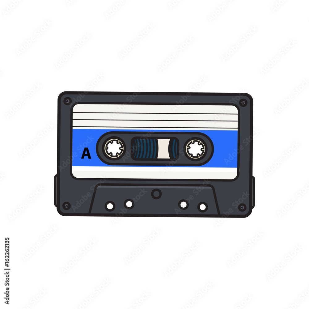 Old fashioned, retro audio cassette from 90s, sketch vector illustration isolated on white background. Front view of hand drawn audio cassette, tape with empty label sticker, retro object from 90s