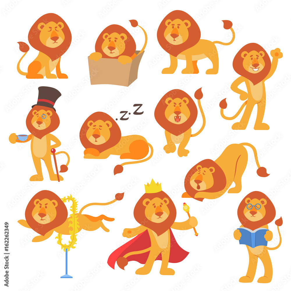 Naklejka premium Lion mascot vector pose happy cartoon cute wild character safari mammal cat jungle animal illustration.