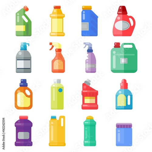 Bottles of household chemicals supplies cleaning housework plastic detergent liquid domestic fluid cleaner pack vector illustration.