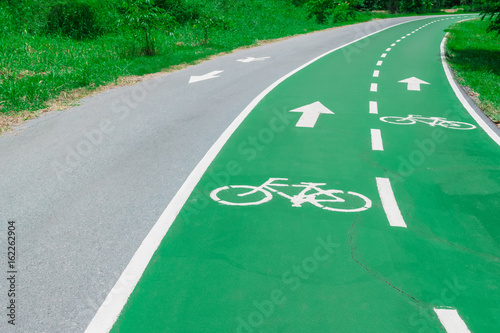 Sign of bicycle on green road. Concept traffic sign.