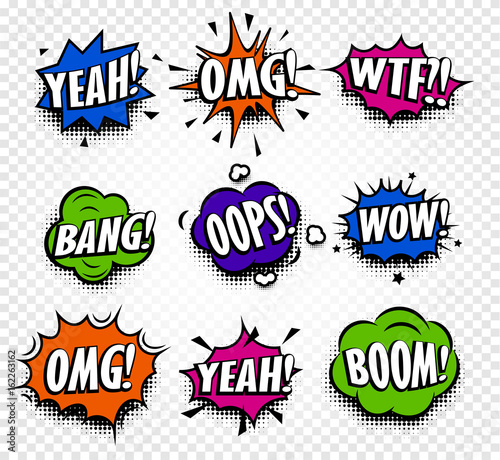 Isolated abstract colorful comics speech balloons icons collection on checkered background, dialog boxes with popular expressions set,pop art dialog frames vector illustration.