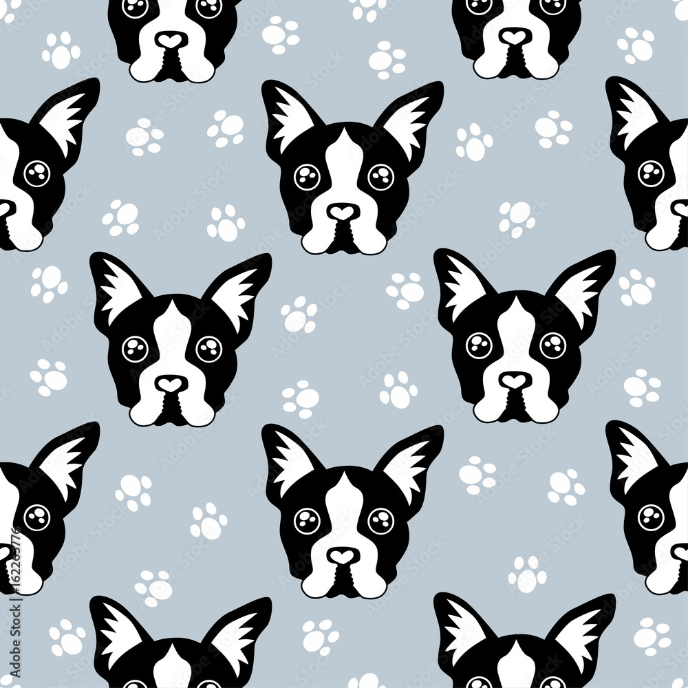 Cute kids pattern for girls and boys. Colorful dogs, Bulldog on the abstract grunge background create a fun cartoon drawing.The background is made in white colors.Urban backdrop for textile and fabric
