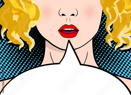 Beautiful and sexy surprised blonde pop art girl with open mouth screaming announcement. Vector background in comic retro pop art style. Invitation.
