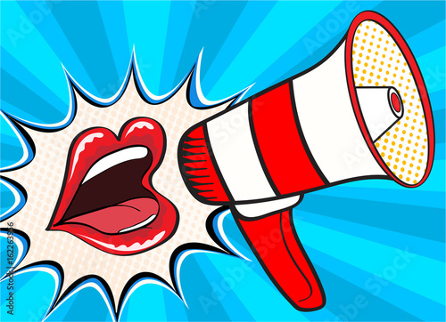 Sexy open female mouth and megaphone screaming announcement. Vector background in comic retro pop art style.