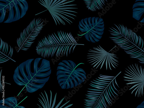 Seamless hand drawn vector pattern with green palm leaves on dark background.
