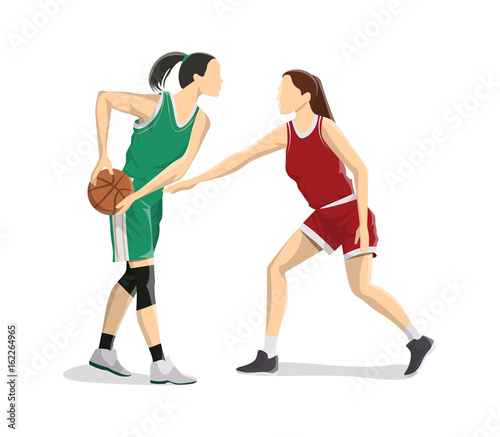 Women play basketball.