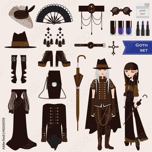 Vector set with dark goth characters of young sad girl nd boy in gothic style clothes. Collection of aaccessories as umbrella, long dress, hat, veil woman hat, earrings, make-up. Gothic subculture set