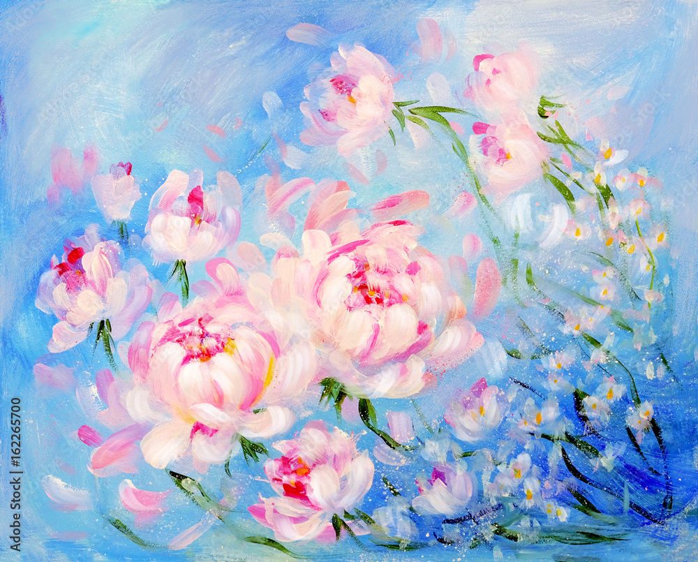 Fototapeta Kwitnący różowy peonyon błękita tło. Obraz olejny na płótnie