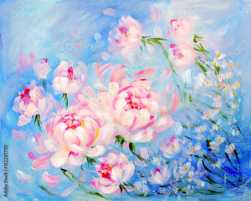 Blooming pink peonyon blue background. Oil painting on canvas