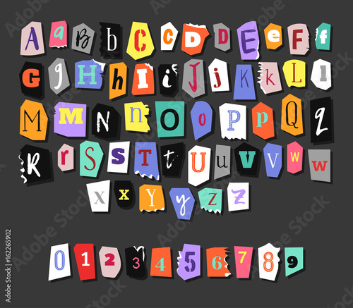 Colorful Newspaper alphabet. Hand made anonymous set. Vector Letters, numbers
