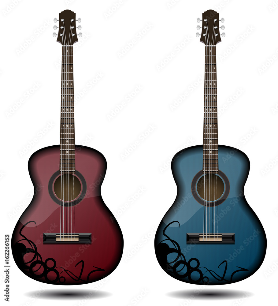 Fototapeta premium Guitar set isolated on white background. Classic guitar for Your business project. Black and red and blue wooden guitars. Vector Illustration