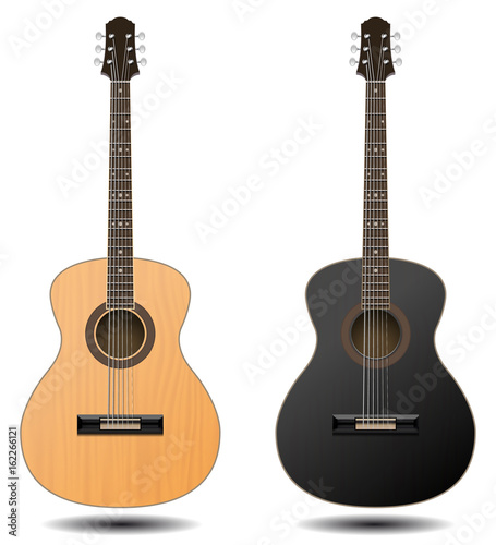 Guitar set isolated on white background. Classic guitar for Your business project. Black and brown wooden guitars. Vector Illustration