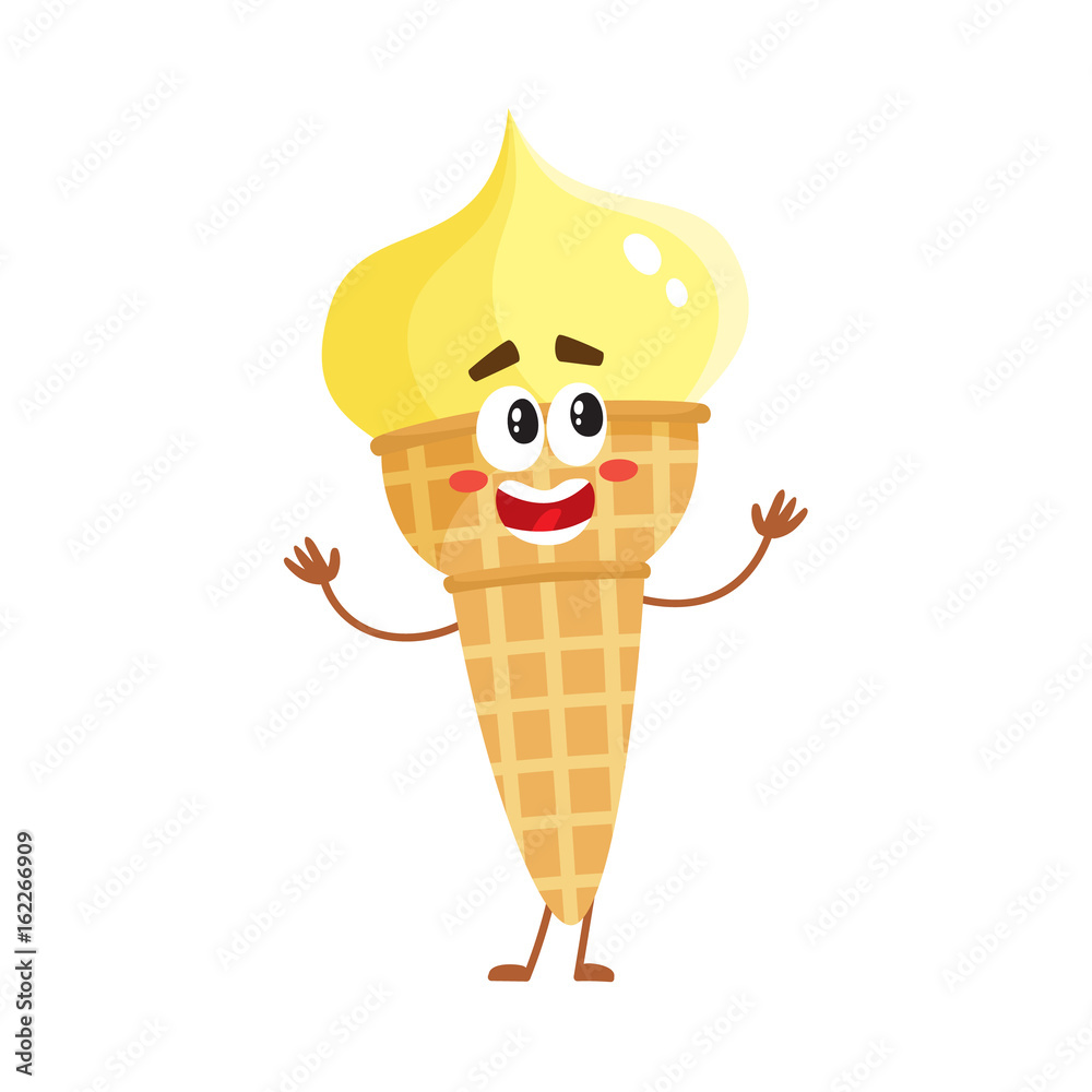 Funny ice cream character in wafer cone with smiling face, cartoon style  vector illustration isolated on white background. Cute smiley yellow ice  cream character with eyes and legs Stock Vector | Adobe