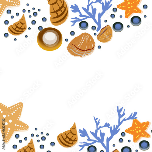 Happy summer greeting card with seashells on white background. Square frame from hand drawn sea shells and stars, corals