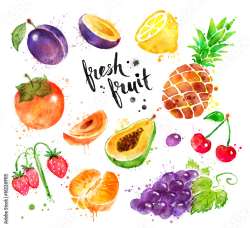 Fototapeta Naklejka Na Ścianę i Meble -  Watercolor colorful illustration set of fresh fruit