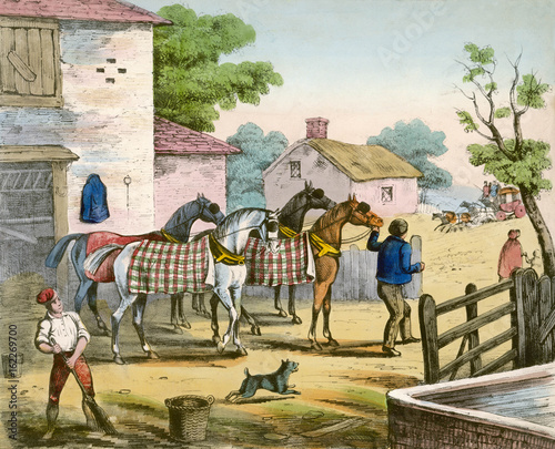 Fresh horses for a stagecoach. Date: circa 1830