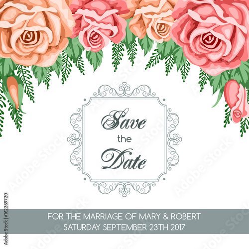 Save the Date card template with flowers. Vector Illustration in retro style