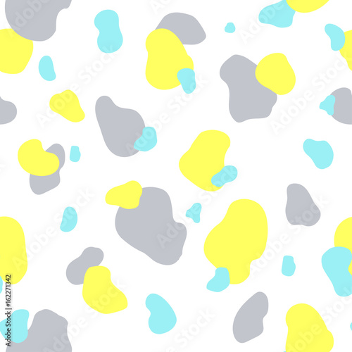 Abstract seamless chaotic pattern with military style. Modern wallpaper in trendy pastel colors. Yellow, gray and mint. Background texture with spots and blots. Repeat endless design. Vector.