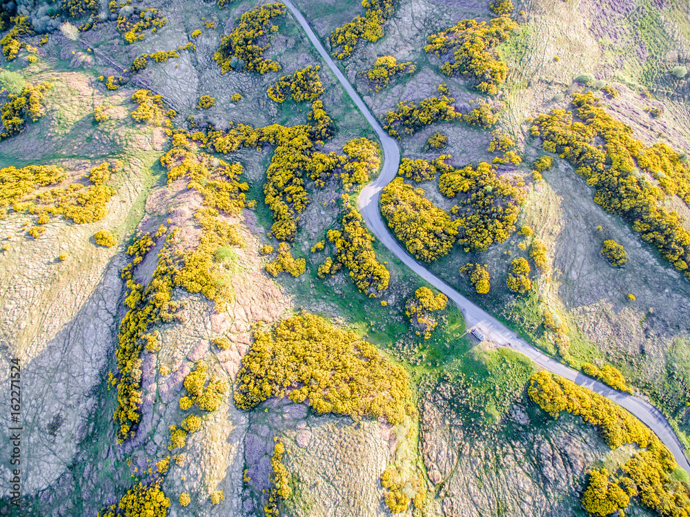 Aerial view of scottish single track road with passing places broom on a moor in the highlands Aerial view of scottish single track road with passing places broom on a moor in the highlands