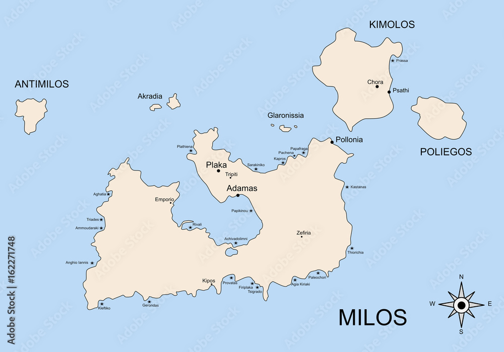 The geography map of Milos with Kimolos, Poliegos, Antimilos