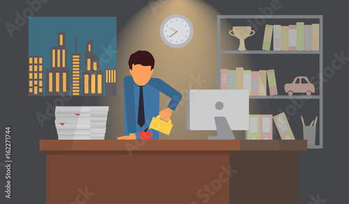 Businessman on coffee break. Business office workplace vector illustration.
