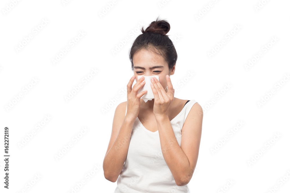 Young woman sick having allergy and sneezing in tissue isolated on a white background Young woman sick having allergy and sneezing in tissue isolated on a white background