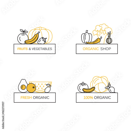 Vector set of logo design templates in line icon style for organic products - fruits and vegetables symbols.