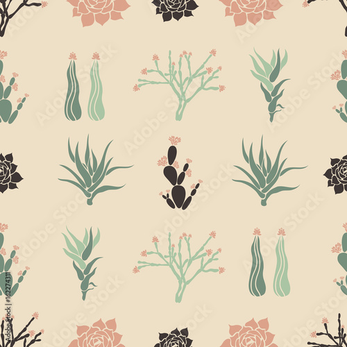 Sempervivum, Haworthia, Opuntia, Hatiora. Seamless pattern with cacti, succulents. Vector illustration.