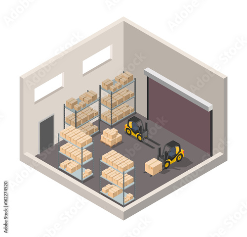 Isometric warehouse interior of storage vector set with shipping delivery, roof and lamps flat illustration Logistic concept export truck infographics